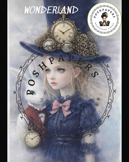 Decoupage art of a girl with a large hat and clock elements, featuring the brand 'Wonderland'.