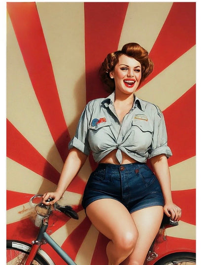 Woman in vintage attire leaning against a red and beige striped wall with a bicycle.