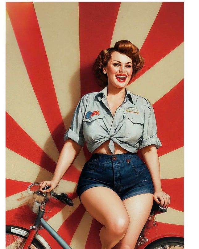 Woman in vintage attire leaning against a red and beige striped wall with a bicycle.