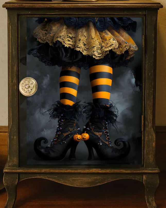 Decorative shadow box with witch yellow and blacklegs and shoes on a wooden cabinet, featuring a lamp and open book in the background.