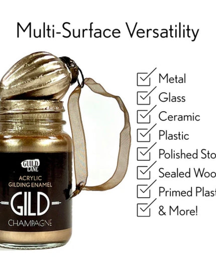 Gilding enamel bottle with champagne color on a white background, featuring text about multi-surface versatility.