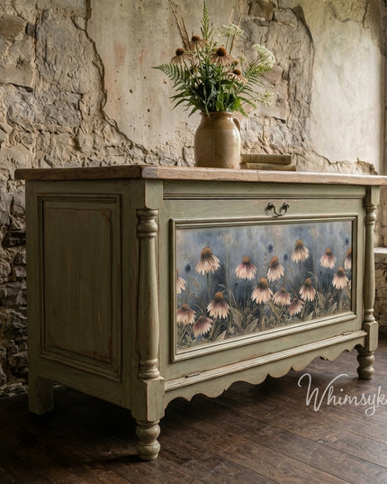 A painted green vintage cabinet with a decoupage floral image called the Forgotten Garden by Whimsykel Designs