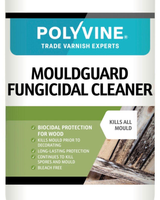A white plastic bottle of Polyvine Mouldguard Fungicidal Cleaner
