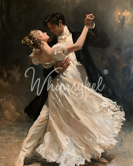 A decoupage paper by Whimsykel depicting a romantic oil painting of a couple dancing in an elegant ballroom. The woman wears a flowing white gown, and the man is in a dark formal suit.