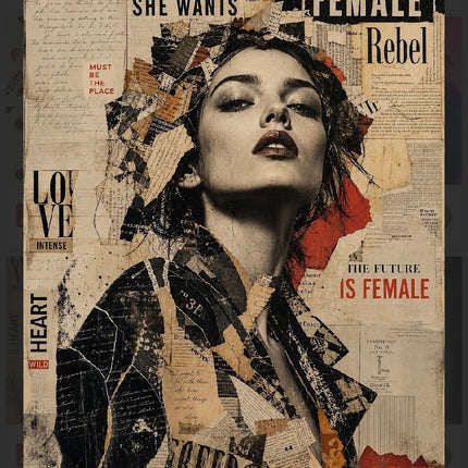 Mint by Michelle Rebel Heart. A stylized collage portrait of a woman with closed eyes, layered over newspaper clippings and torn paper textures. The composition includes text such as 'FEMALE Rebel,' 'LOVE INTENSE,' 'THE FUTURE IS FEMALE,' and 'MUST BE THE PLACE.