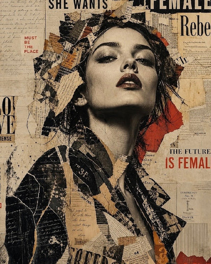 Mint by Michelle Rebel Heart. A stylized collage portrait of a woman with closed eyes, layered over newspaper clippings and torn paper textures. The composition includes text such as 'FEMALE Rebel,' 'LOVE INTENSE,' 'THE FUTURE IS FEMALE,' and 'MUST BE THE PLACE.
