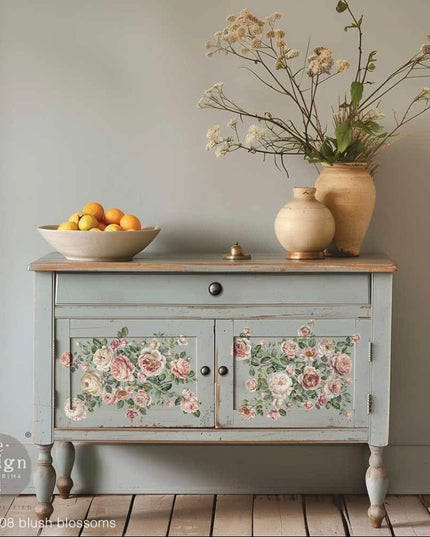 Vintage-style sideboard with floral Redesign with Prima middy transfer Blush Blossoms on doors