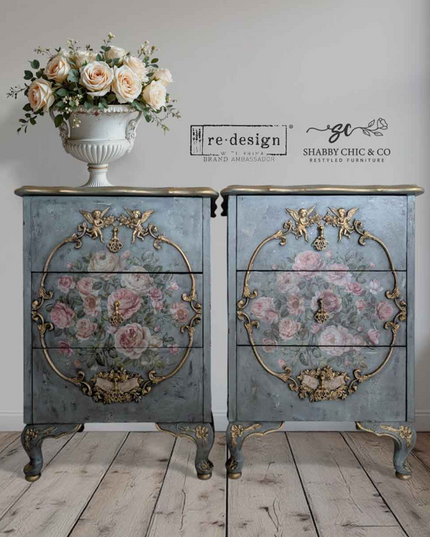 Decorated cabinet with Redesign with Prima Blush Blossoms and blue paint