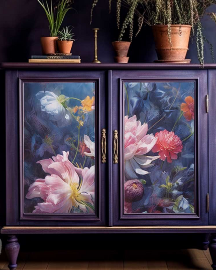 Redesign with Prima Enchanted Garden decoupage paper on a navy cupboard 