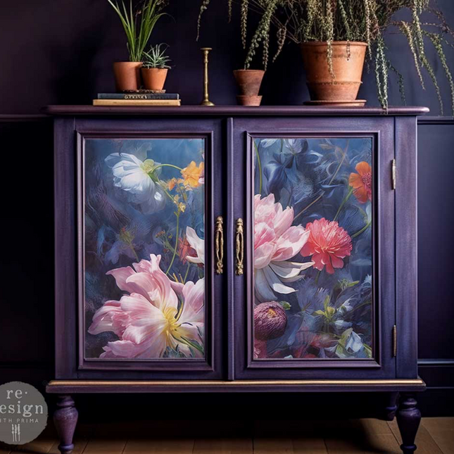 Redesign with Prima Enchanted Garden decoupage paper on a navy cupboard 