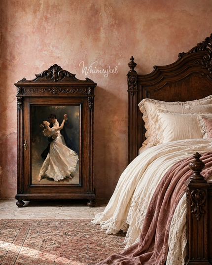 A dark carved wooden cabinet in a vintage bedroom, featuring a framed painting of a couple dancing, the lady wears a white gown, the man is in Victorian dress. The room has a textured dusty rose wall, a matching bed with cream lace bedding and a dusty rose throw, and a patterned rug on the floor.