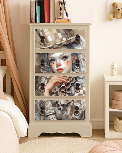 Small white cabinet with Juanita decoupage paper on it.