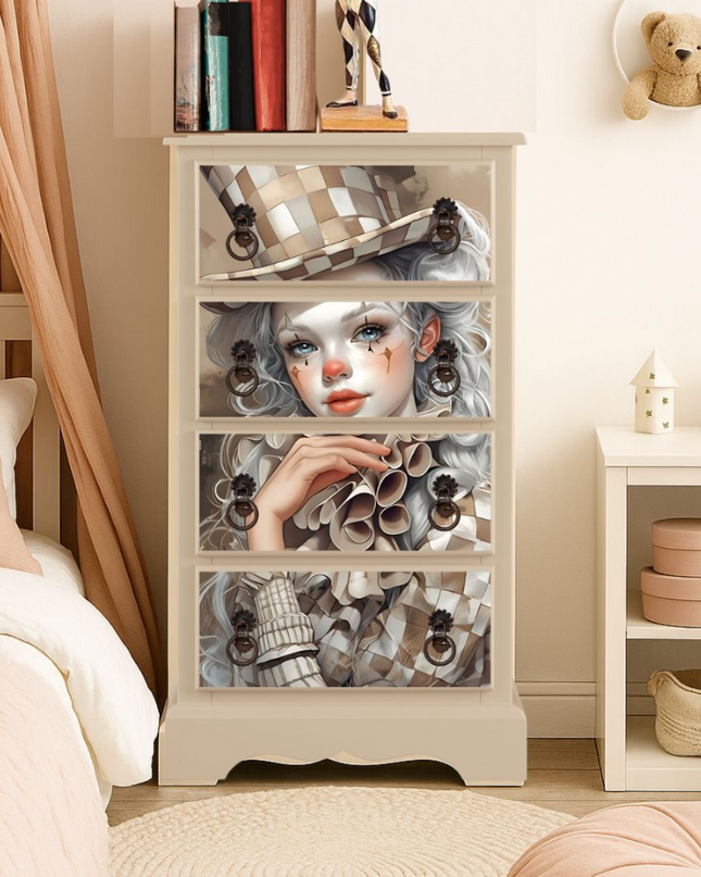 Small white cabinet with Juanita decoupage paper on it.