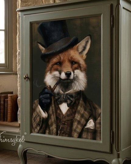 A vintage-style cabinet in muted sage green, featuring a large glass door with a detailed portrait of a fox dressed in a black top hat, dark bow tie, and brown plaid suit. The cabinet stands in a rustic room setting with a window and books on a shelf to the left.