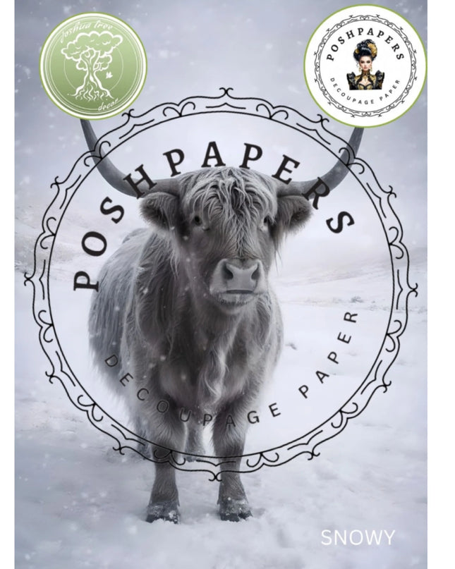 Posh Papers Highland Cow Snowy Decoupage Paper, Furniture Decoupage Paper