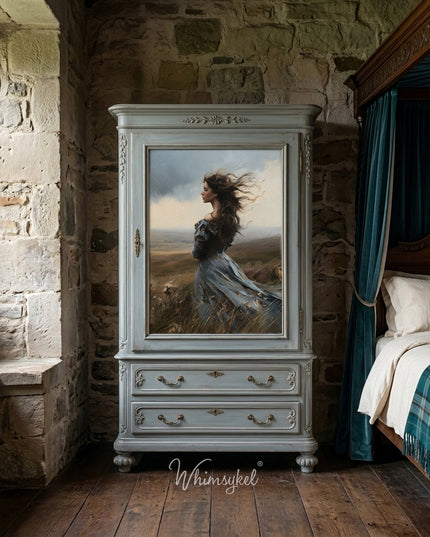 A vintage inspired wardrobe with the image of woman stood lost in thought in the countryside painted on the front.