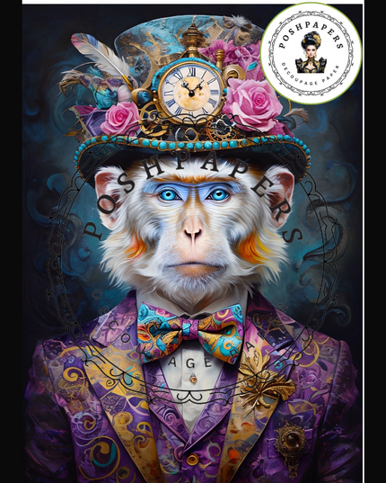 Colourful artwork of a monkey with decorative steam punk elements on a dark background