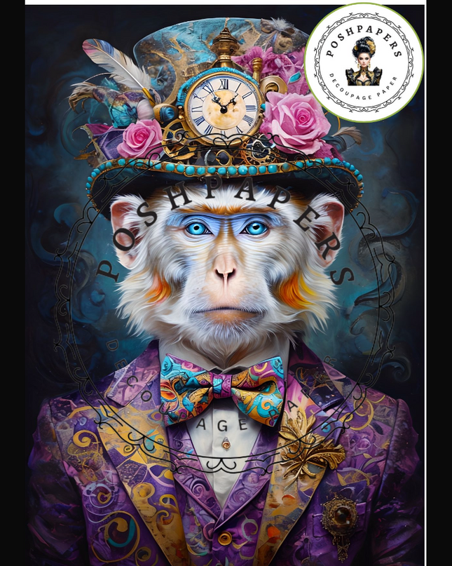 Colourful artwork of a monkey with decorative steam punk elements on a dark background
