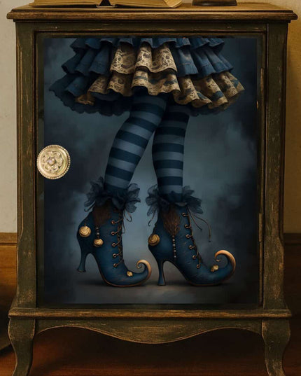 Decorative cabinet with denim-striped legs and a lamp on a wooden floor.