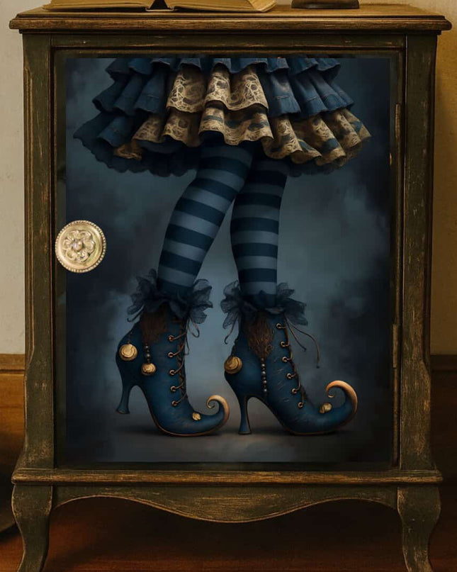 Decorative cabinet with denim-striped legs and a lamp on a wooden floor.