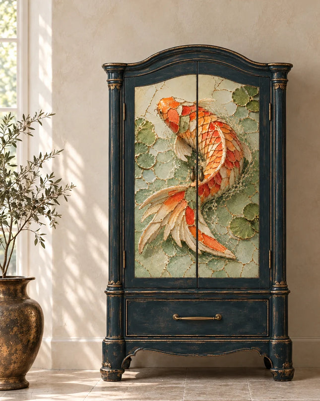 A tall, dark blue carved cabinet with ornate gold trim, featuring the A1 decoupage paper koi fish on the front doors.