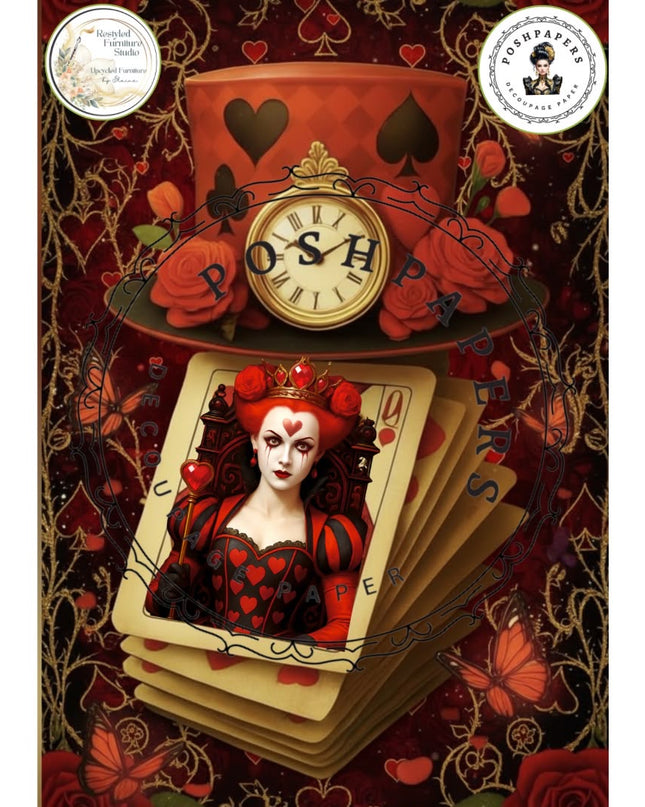 Posh Papers Wonderland Hearts Decoupage Paper, Alice Inspired Furniture Art