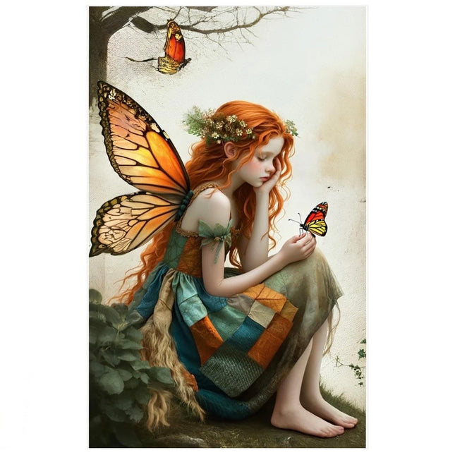Fairy with butterfly wings sitting among nature, surrounded by butterflies.
