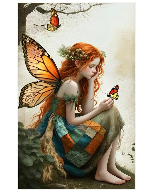 Fairy with butterfly wings sitting among nature, surrounded by butterflies.