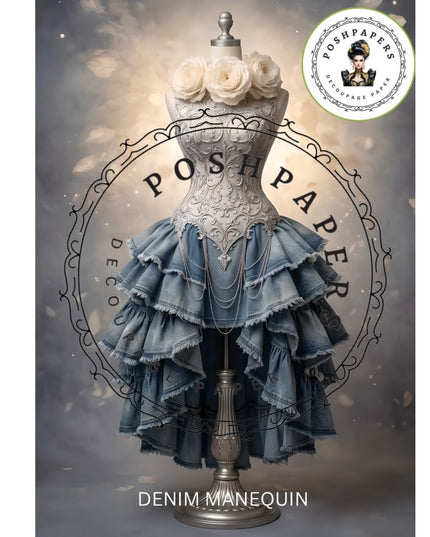 A denim mannequin dress form styled with a layered ruffled skirt in faded blue denim and a white lace corset top, topped with cream roses. The image includes a circular 'POHPAPERS DECOR' logo in the upper right and 'DENIM MANEQUIN' text at the bottom.