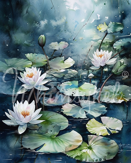Whimsykel Designs Blue Waterlillies Decoupage Paper