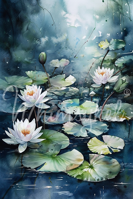 Whimsykel Designs Blue Waterlillies Decoupage Paper