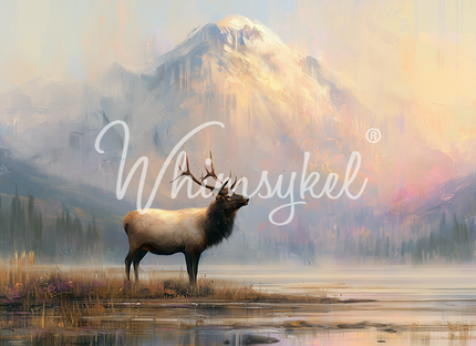 A painted mountain landscape with a large stag deer standing in shallow water in the foreground. The artwork has a soft painterly texture and a large white script watermark reading 'Whimsykel' across the center.