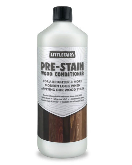 Bottle of Littlefair's Pre-Stain Wood Conditioner on a white background
