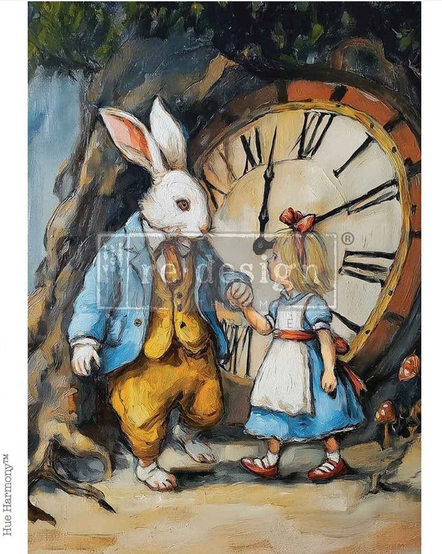 Illustration of a rabbit and a girl standing next to a large clock, A3 decoupage paper