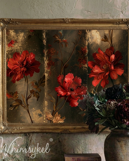 An ornate vintage-style framed wall art piece with a gold frame, featuring large red flowers and dark foliage on a muted brown background, displayed against a textured wall above a vase of flowers. The brand name 'Whimsykel' is visible in the lower left corner.