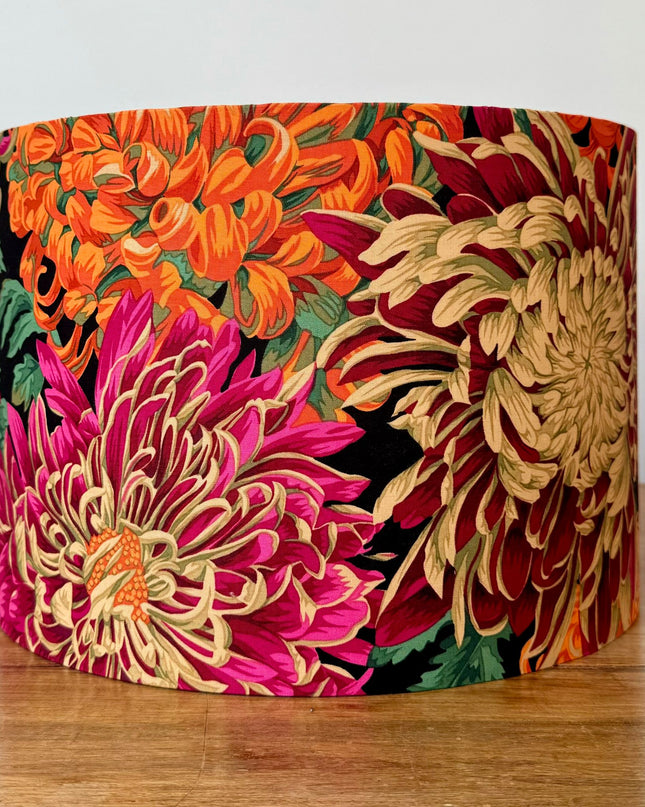 30cm Drum Lampshade - Designer fabric burgundy, pink and orange chrysanthemum