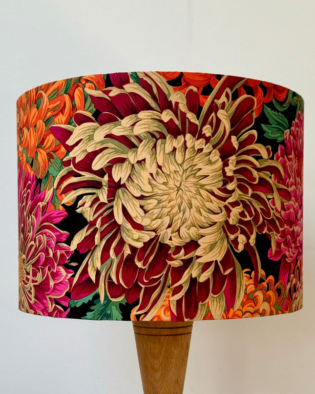 30cm Drum Lampshade - Designer fabric burgundy, pink and orange chrysanthemum