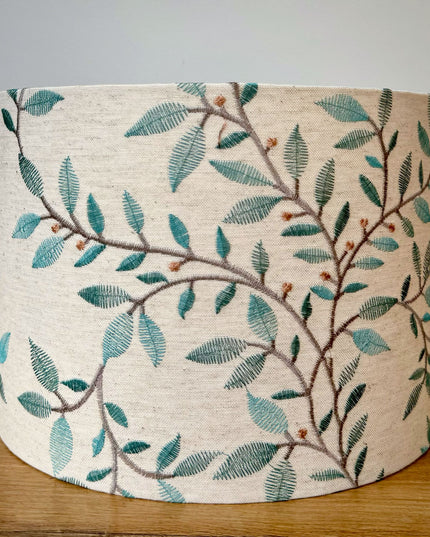 embroidered linen turquoise leaves