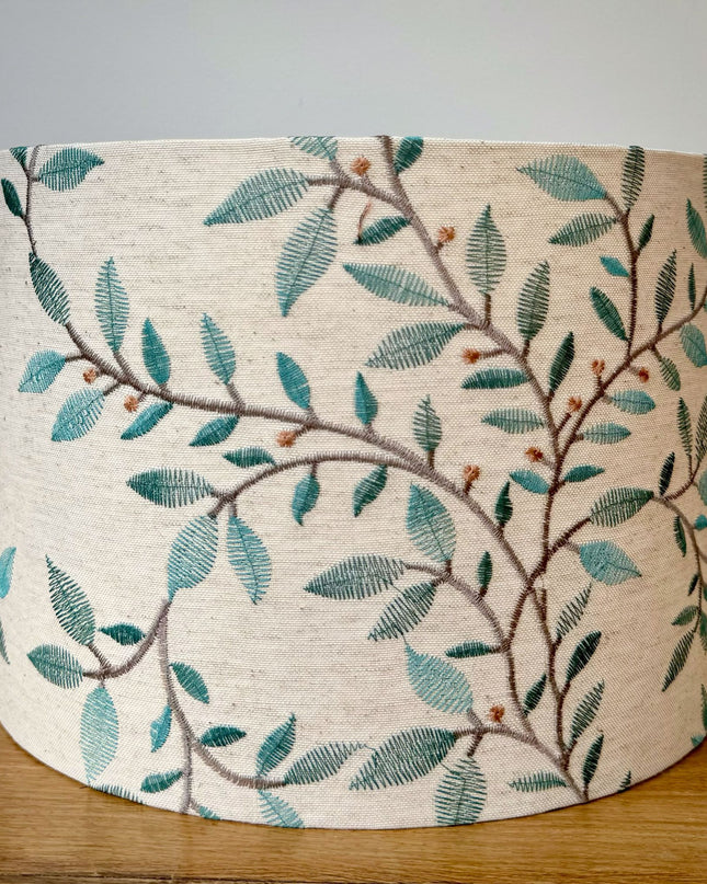 embroidered linen turquoise leaves