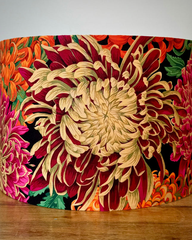 30cm Drum Lampshade - Designer fabric burgundy, pink and orange chrysanthemum
