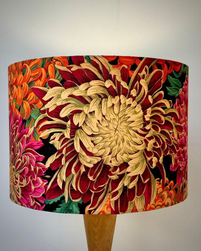 30cm Drum Lampshade - Designer fabric burgundy, pink and orange chrysanthemum