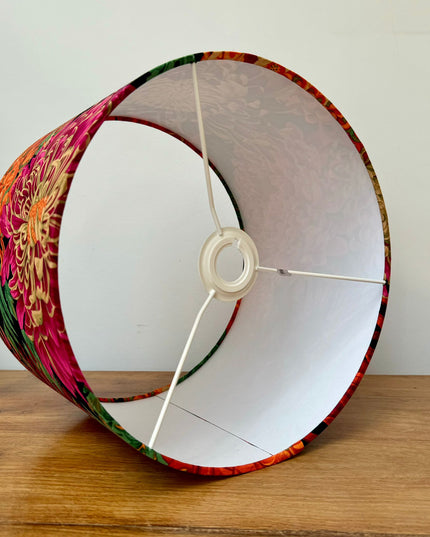 30cm Drum Lampshade - Designer fabric burgundy, pink and orange chrysanthemum