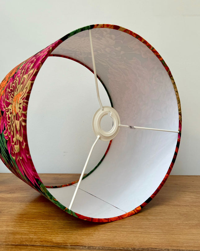 30cm Drum Lampshade - Designer fabric burgundy, pink and orange chrysanthemum