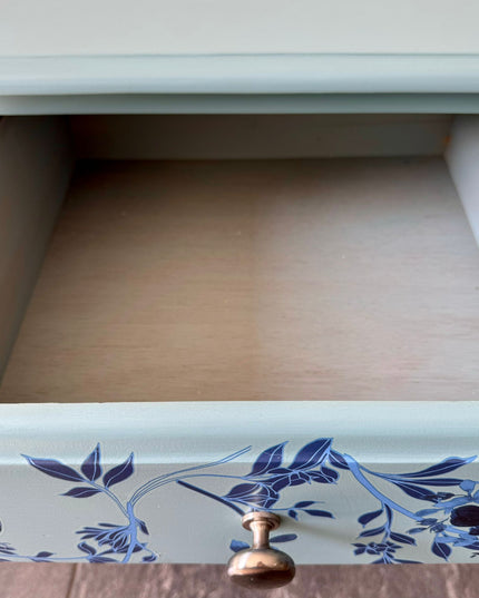 Upcycled Blue Bird Bedside Cabinet, small hand painted pine chest of drawers