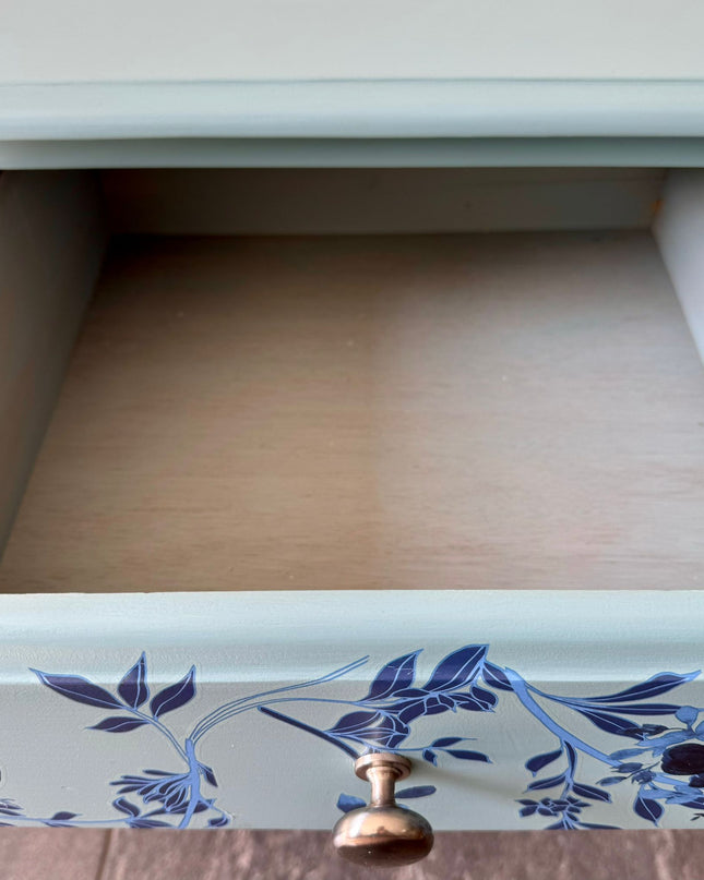 Upcycled Blue Bird Bedside Cabinet, small hand painted pine chest of drawers