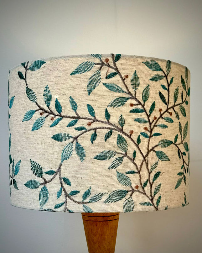 embroidered linen turquoise leaves