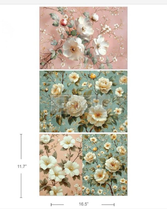 Pure Petal Elegance Redesign with Prima A3 set of 3 Fiber Decoupage Papers