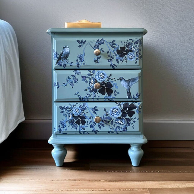 Upcycled Blue Bird Bedside Cabinet, small hand painted pine chest of drawers