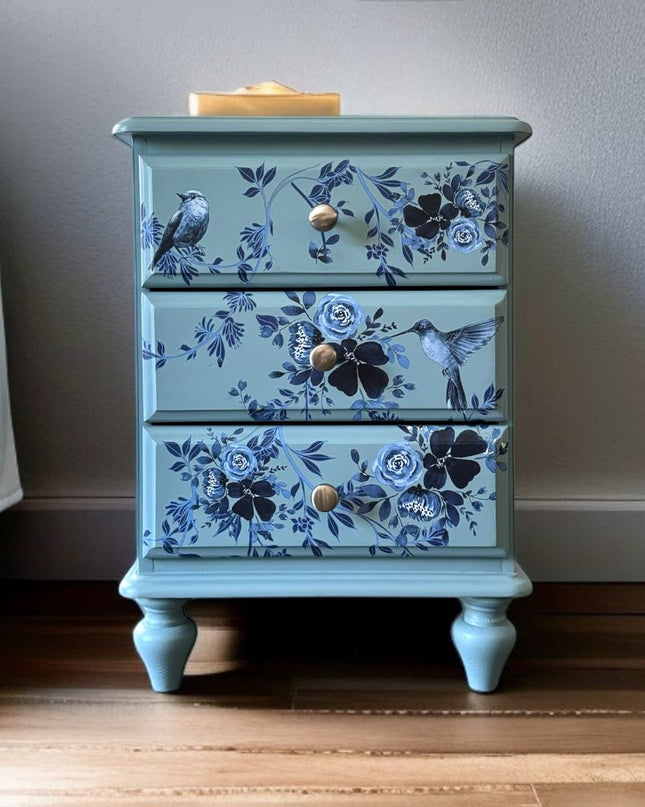 Upcycled Blue Bird Bedside Cabinet, small hand painted pine chest of drawers