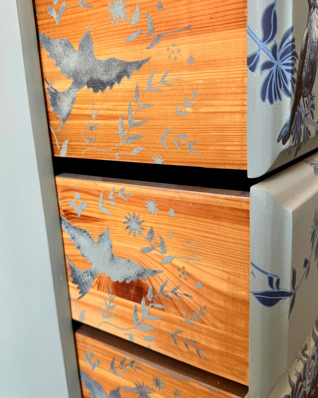 Upcycled Blue Bird Bedside Cabinet, small hand painted pine chest of drawers